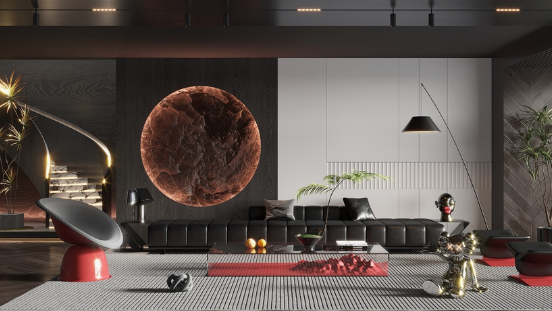 Dark-themed villa living room
